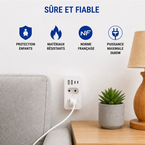 Biplite frontale 2+P 16A + 6A con 2 prese USB-A...