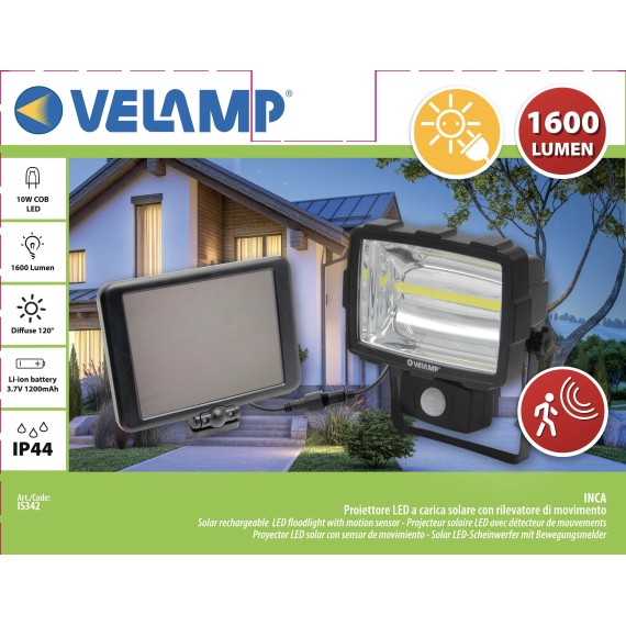 INCA: 1600 Lumen LED-Scheinwerfer mit Solarladung und Bewegungsmelder